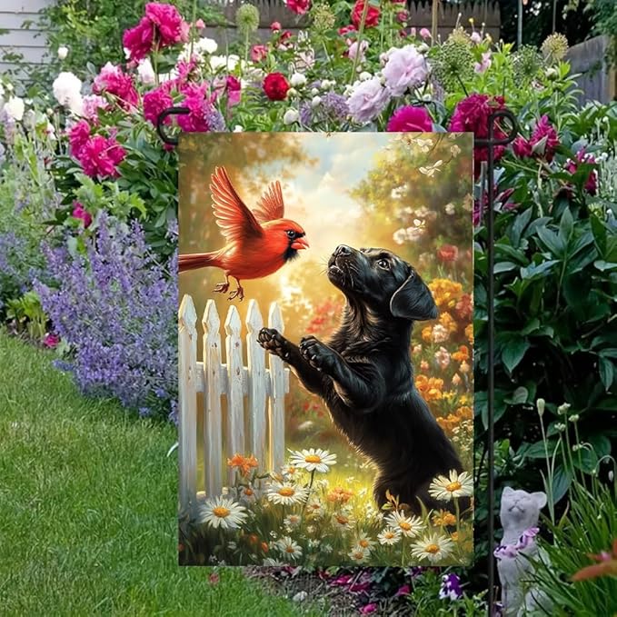 Spring Summer Black Lab Garden Flags 12x18 Double Sided, Small Burlap Seasonal Cardinal Floral Dog Garden Flag Spring Summer Outdoor Yard Decorations for Outside Lawn Decor