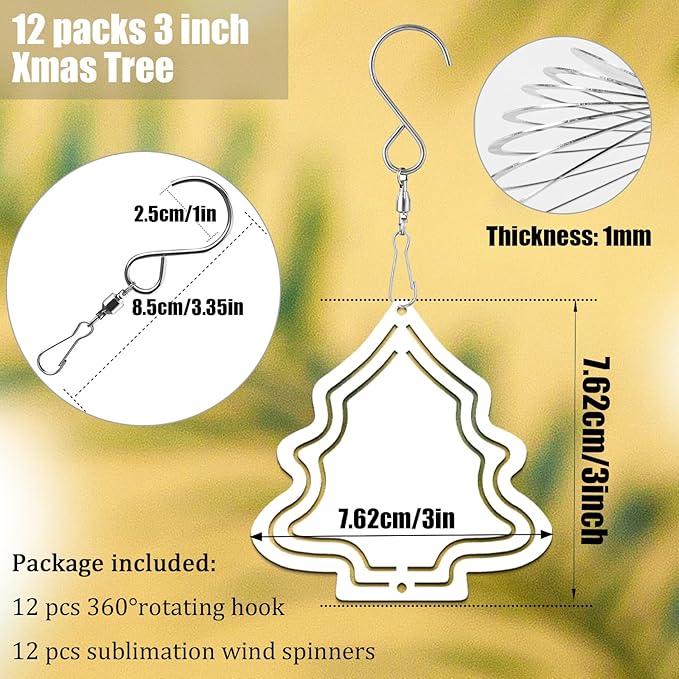 12Pack 3inch Sublimation Wind Spinner Blanks 3D Aluminum Metal Wind Sculpture for Yard and Garden Indoor Art Sublimation Christmas Ornament Hanging Decoration (Christmas Tree)