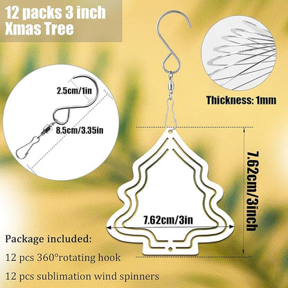 12Pack 3inch Sublimation Wind Spinner Blanks 3D Aluminum Metal Wind Sculpture for Yard and Garden Indoor Art Sublimation Christmas Ornament Hanging Decoration (Christmas Tree)