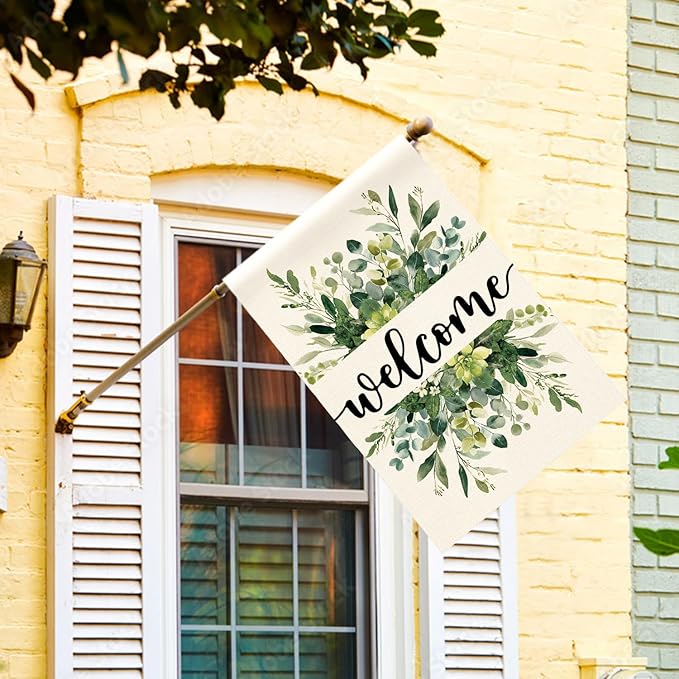 AVOIN colorlife Spring Summer Floral Welcome House Flag 28x40 Inch Double Sided Outside, Eucalyptus Seasonal Farmhouse Yard Outdoor Flag