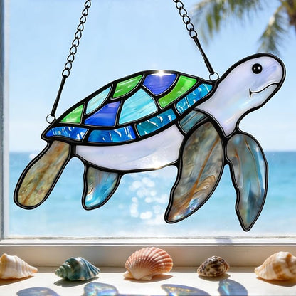 Sea Turtle Suncatcher Decor,Handmade Stained Glass Window Hanging Ornament,Spring Summer Home Decor for Indoor Outdoor,Mother's Day Housewarming Gifts for Turtle Lovers