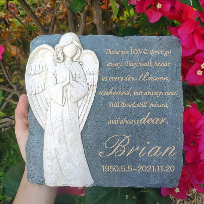 Personalized Garden Memorial Stones for Loved Ones Outside, Angel Memorial Stones Plaques Engraved with Name - Customized Grave Plaques Headstones for Cemetery(Square)