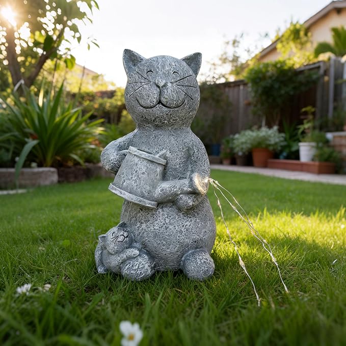Solar Watering Cat Garden Statues Decor Waterproof Figurine Resin Sculpture Gift for Mom Grandma, Outdoor Decorations for Porch Patio Lawn Yard Home House Gardening Birthday Housewarming (Cat)