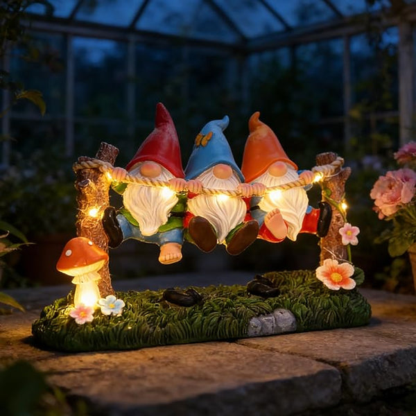 Garden Gnome Statue, Solar Swing Gnomes Figurine with Flowers and Mushrooms, Waterproof Resin Outdoor Decor for Patio Lawn Yard Home Tabletop Decoration