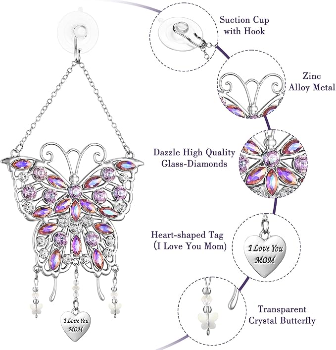 VIVIKEN Mother's Day Rhinestones Butterfly Window Decor Wind Chime Hanging Ornament for Garden House, Glittering Gifts from Son Daughter Mom Mothers Birthday Christmas