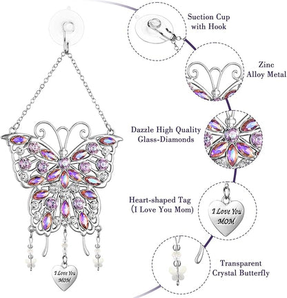 VIVIKEN Mother's Day Rhinestones Butterfly Window Decor Wind Chime Hanging Ornament for Garden House, Glittering Gifts from Son Daughter Mom Mothers Birthday Christmas