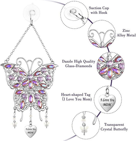 VIVIKEN Mother's Day Rhinestones Butterfly Window Decor Wind Chime Hanging Ornament for Garden House, Glittering Gifts from Son Daughter Mom Mothers Birthday Christmas