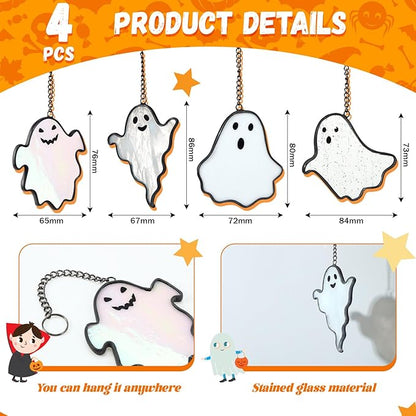 Yungyan 4 Pcs Halloween Ghost Stained Glass Suncatcher Hand Painted Window Hangings Suncatcher Halloween Goth Decoration for Home, Office, Kitchen, Living Room, Wall
