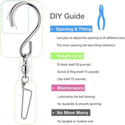 HS’s Creation 6 Pack S Hook Locking Clip Swivel for Indoor Outdoor Organization Spinning Hanger Clothline Rack Wind Chimes Spinner Prism Windsocks Hanging Plant