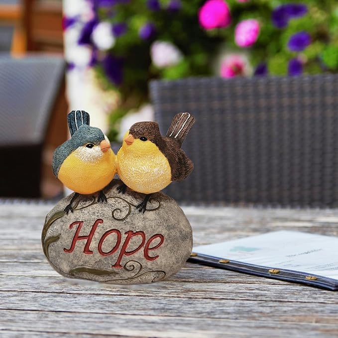Bird Garden Statue, 6.31 Inch Lifelike Standing Bird with Hope Characters Stone, Small Resins Figurine for Home Table Outdoor Lawn Porch Patio Balcony Yard Decor (A)