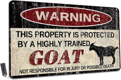 Vintage Goat Metal Sign Warning This Property is Protected by Highly Trained Goat Yard Sign Outdoor Home Wall Decor 12x8Inch