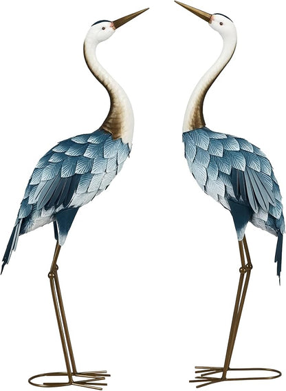 Outsunny Crane Garden Statues, 28.5" & 29" Standing Bird Sculptures, Metal Yard Art Decor for Lawn, Patio, Backyard, Landscape Decoration Set of 2, Blue & White