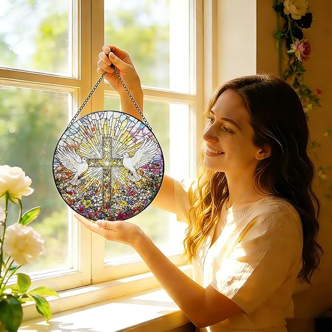 Stained Glass Window Hanging, 8 Inch White Pigeon Cross Suncatcher, Sun Catchers Indoor Window, Flowers Birds Cross Religious Home Garden Decor Glass Panel, Easter Faith Christian Gifts for Women Men