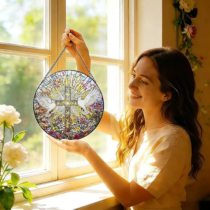 Stained Glass Window Hanging, 8 Inch White Pigeon Cross Suncatcher, Sun Catchers Indoor Window, Flowers Birds Cross Religious Home Garden Decor Glass Panel, Easter Faith Christian Gifts for Women Men
