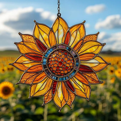 Sunflower Faux Tiffany Acrylic Suncatcher Stained Glass Effect Window Car Hanging Christmas Ornament Indoor Outdoor Decor Garden Sun Catcher Panel for Sunflower Lover for Women Mom Grandma
