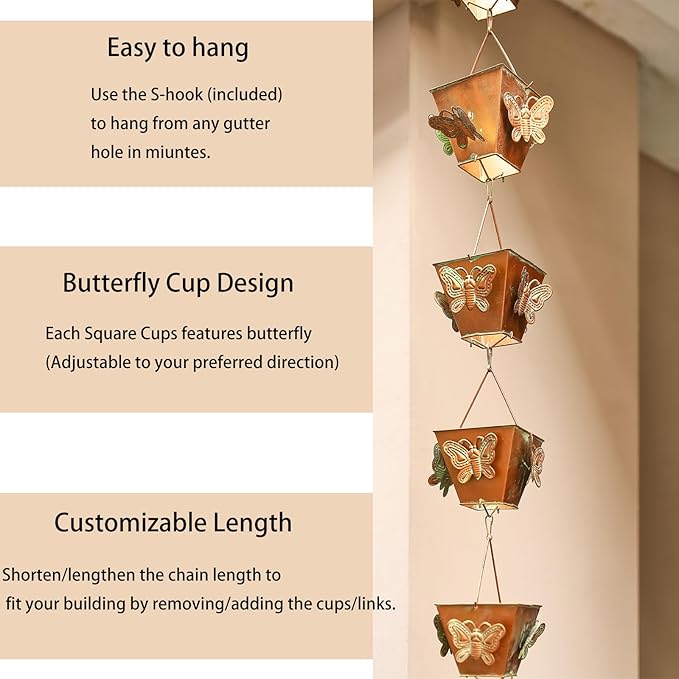 8.5 FT Golden Rain Chain with Butterfly Design - Decorative Downspout Alternative, Rustproof & Heavy Duty for Outdoor Water Drainage - Easy to Install, Prevents Splashing (Butterfly Cup Design)