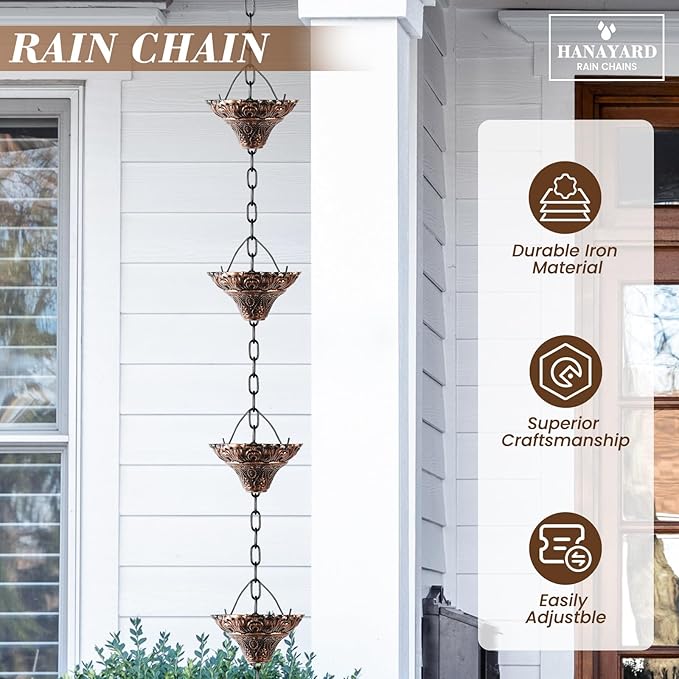 Rain Chain Gutter Downspout Antique Copper Rain Chains for Gutters with 12 Cups, Adjustable Rain Catcher Chain with Bell for Outside Water Diverter Decorative Garden Rain Chimes, 8.5 Ft
