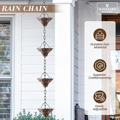 Rain Chain Gutter Downspout Antique Copper Rain Chains for Gutters with 12 Cups, Adjustable Rain Catcher Chain with Bell for Outside Water Diverter Decorative Garden Rain Chimes, 8.5 Ft