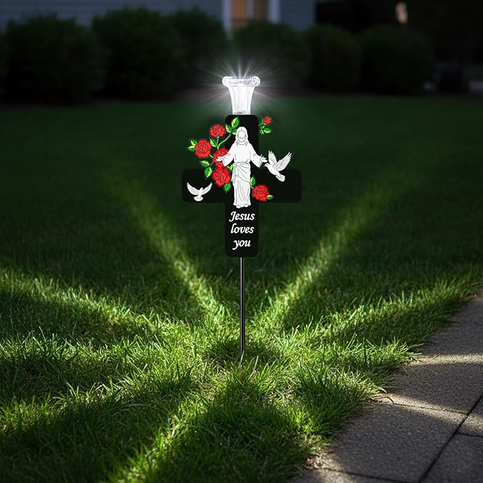 Solar Jesus Cross Memorial Stake with Rose - Religious Metal Cemetery Decorations, LED Christian Grave Marker, Sacred Sympathy Gift for Loss of Loved One (J Cross)