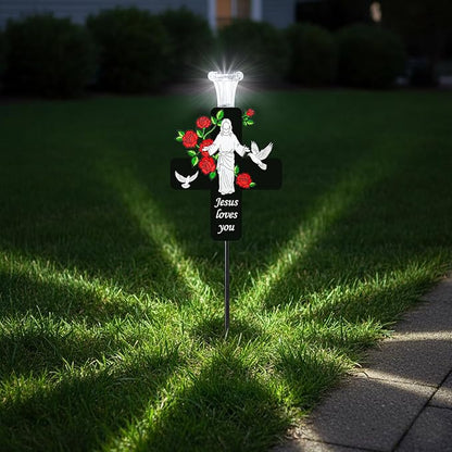 Solar Jesus Cross Memorial Stake with Rose - Religious Metal Cemetery Decorations, LED Christian Grave Marker, Sacred Sympathy Gift for Loss of Loved One (J Cross)