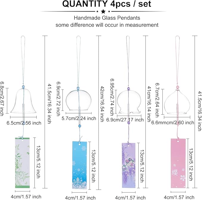 BENECREAT 4Pcs 4 Colors Japanese Wind Chimes, Handmade Glass Wind Bells Pendant for Home Garden Wedding Indoor Outdoor Decoration, About 16" Long