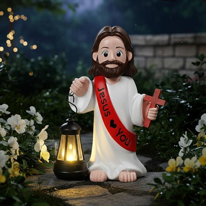 Capoda Solar Jesus Figurine 8 Inch, He is Risen Easter Statue with Glowing Lantern, Jesus Loves You Christian Resin Outdoor Garden Statue Decor, Religious Easter Gifts(Cross,Red)