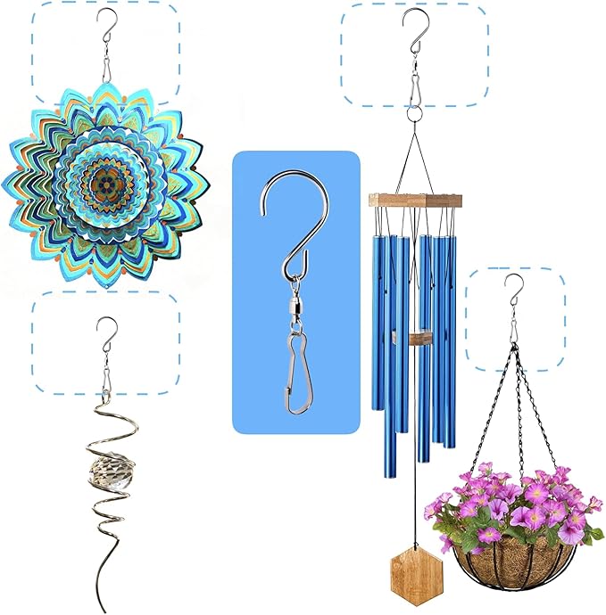 HS's Creation 6 Pack S Hook Clip Swivel for Indoor Outdoor Organization Spinning Hanger Clothline Rack Wind Chimes Spinner Prism Windsocks Hanging Plant