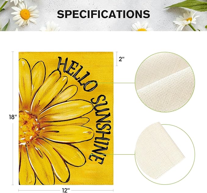 AVOIN colorlife Hello Sunshine Garden Flag 12x18 Inch Double Sided Outside, Summer Spring Floral Daisy Yard Outdoor Flag Yellow