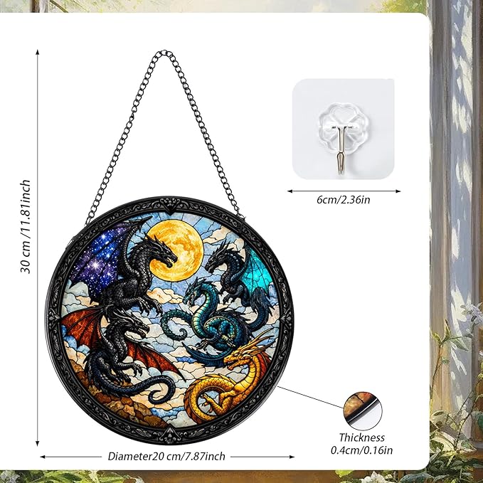 Rngmsi Stained Glass Window Hanging, 7.8″ Dragon Sun Catchers Art Decor Indoor Window, Decorative Suncatchers Hanging Ornaments Home Garden Birthday Gift for Men