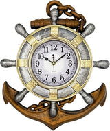 Anchor Outdoor Clock, Nautical Ship Wheel Rudder Wall Clock, Beach Sea Style Decorative Clock for Patio, Pool, Porch (Vintage+Gold+Silver)