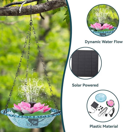 Hanging Bird Bath with Solar Fountain, Multi Functional Lotus Bird Bath Bubbler Birdbath Water Fountain Pump for Hummingbird Feeder Drinking