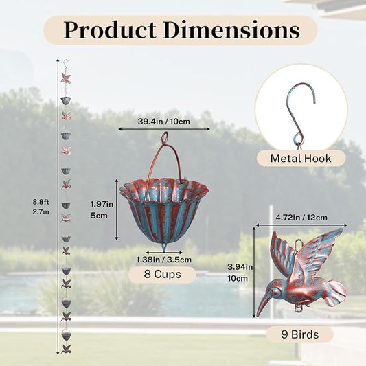 8.8Ft Metal Hummingbird Rain Chain for Gutters, 8 Cups 9 Birds Design, Outdoor Downspout Replacement, Tool-Free Installation, Decorative for Patio, Garden, Backyard and Balcony.