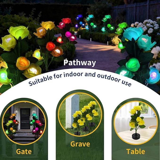 Solar Garden Lights Outdoor - Solar Flowers Lights Outdoor Decorative Waterproof, 40 Hour Coloring Changing Yellow Rose Yard Pathway Light Solar Powered, Cemetery Decoration, Backyard Decor, 4pcs