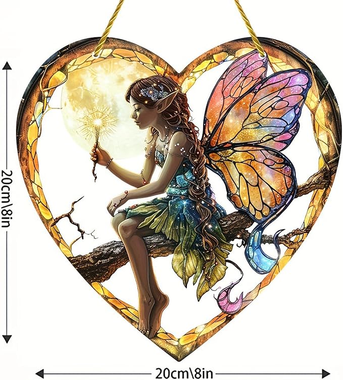 Flower Fairy Acrylic Window Hanging, Stained Glass Suncatcher, Holiday and Christmas Decorations, Heart Shaped Elf Girl Art, Chroma