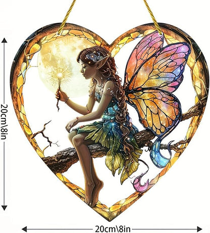 Flower Fairy Acrylic Window Hanging, Stained Glass Suncatcher, Holiday and Christmas Decorations, Heart Shaped Elf Girl Art, Chroma