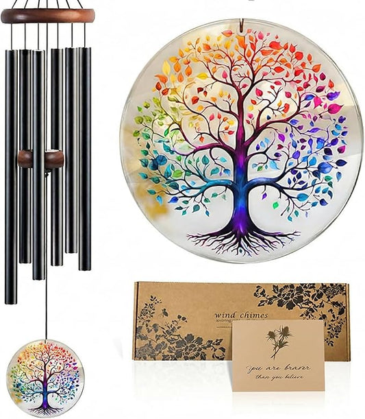 Tree of Life Wind Chimes for Outside, Deep Tone Outdoor Wind Chime with Colorful Wind Catcher, 6 Aluminum Tubes, Garden Porch Patio Decor, Memorial & Birthday Gift (36" Tree of Life)