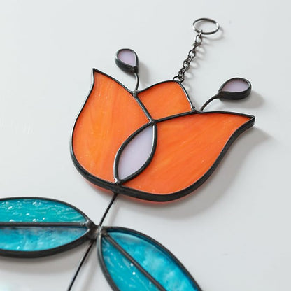 Coral Tulip Stained Glass Suncatcher, Folk Flower Stained Glass Window Hanging Sun Catcher, Retro Funky Home Decor, Handmade Coastal Ornaments, 9.4" x 4.7"