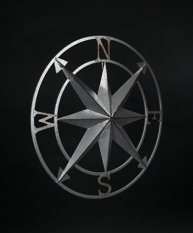 Nautical Compass Rose Wall Hanging Sculpture - Galvanized Grey Finish Metal Indoor Outdoor Ocean Decor - 20.5 Inch Diameter Elegant Maritime Home Accent Piece