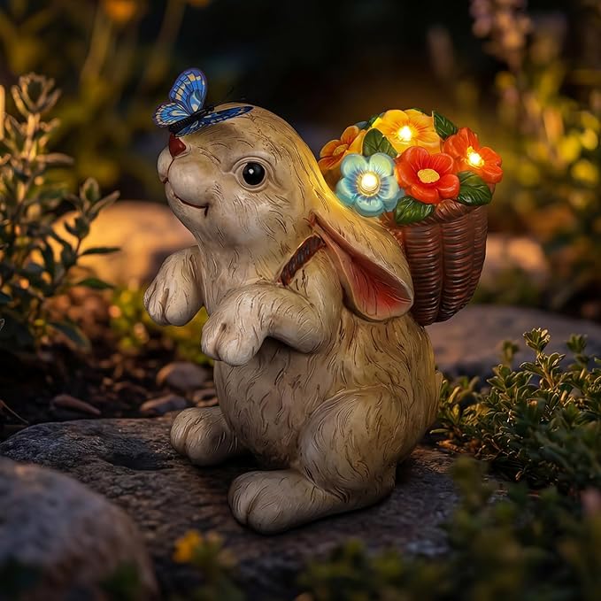 PETAFLOP Solar Bunny Garden Decor, Rabbit with Flower Basket & Butterfly for Yard, Patio, Pathway, Lawn, Patio, Balcony