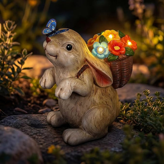 PETAFLOP Solar Bunny Garden Decor, Rabbit with Flower Basket & Butterfly for Yard, Patio, Pathway, Lawn, Patio, Balcony