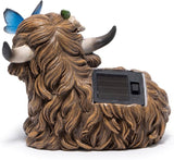 basen Solar Highland Cow Garden Statue with Lighted Butterfly, Resin Outdoor Yard Decor with Solar Panel, Waterproof Lawn Patio Ornament for Garden, Pathway, Backyard Decor Gift