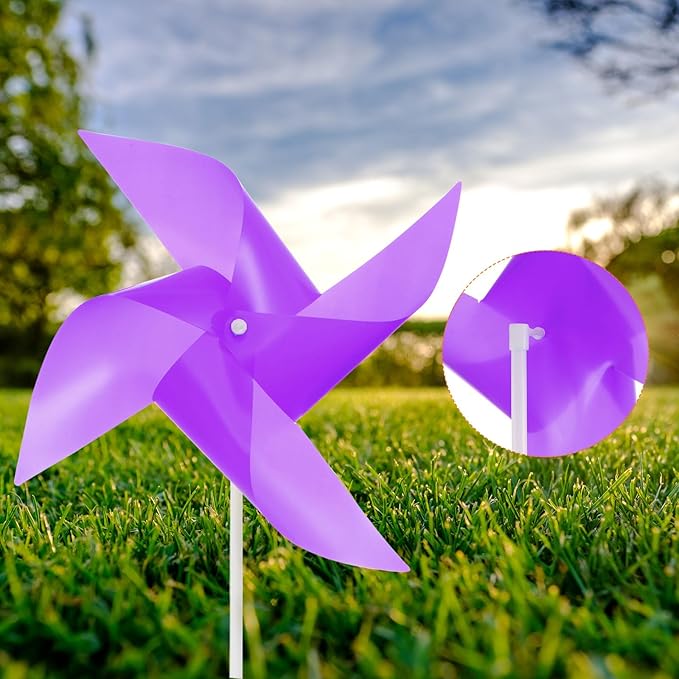 HARFINGTON 50pcs Windmills for The Yard Garden 17" x 11" 4 Leaves Pinwheels Wind Mills Spinners Windproof Waterproof Bird Devices with Stakes for Patio Decor, Purple