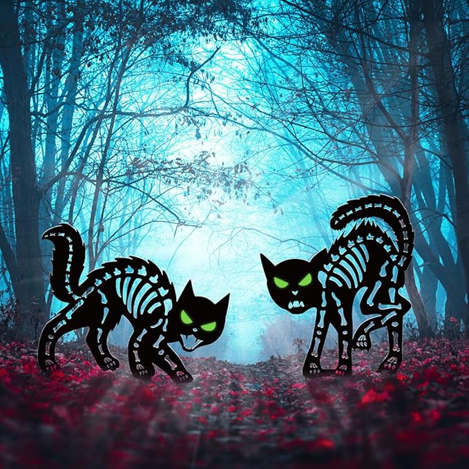 Halloween Decorations Outdoor Black Cat, Metal Black Cat Halloween Decor, Scary Cats Silhouette with Glow in Dark Eyes, Rust-Proof Lawn Decoration Yard Stakes for Family Home Party Garden Décor