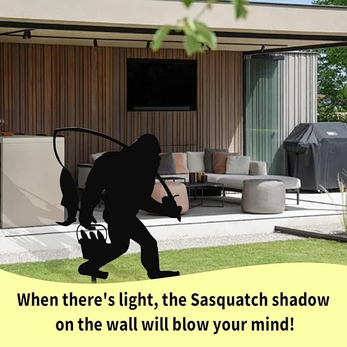 2025 Funny Bigfoot Garden Stake Metal Sign Art Yard Animal Decoration, Various Metal Sasquatch Black Big Foot Sculpture Outdoor Silhouette Statues for Garden Yard Patio Lawn (Fishing)