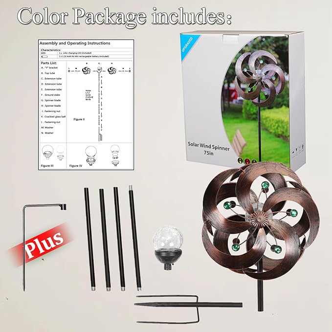 Solar Wind Spinner Improved 360 Degrees Swivel Multi-Color LED Lighting Glass Ball with Kinetic Wind Spinner Vertical Metal Sculpture Stake Construction for Outdoor Yard Lawn & Garden.