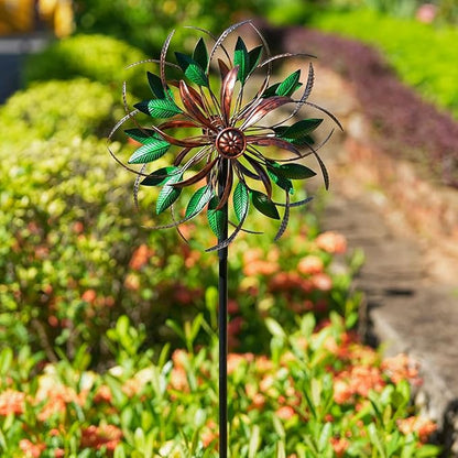 DREAMYSOUL Wind Spinners Outdoor, 360 Degree Rotation Double Layer Metal Kinetic Wind Spinner, Wind Sculpture with Green Leaves Blades for Yard and Garden Lawn Decor