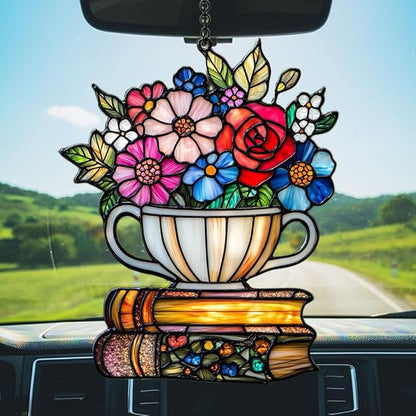 Floral Tea Cup and Books Acrylic Suncatcher Stained Glass Effect Window Car Hanging Christmas Ornament Indoor Outdoor Decor Garden Sun Catcher Panel for Book Lover for Women Mom Grandma