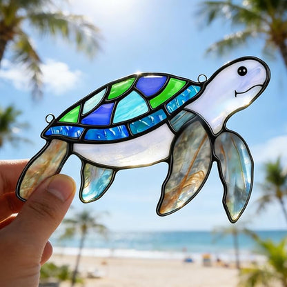 Sea Turtle Suncatcher Decor,Handmade Stained Glass Window Hanging Ornament,Spring Summer Home Decor for Indoor Outdoor,Mother's Day Housewarming Gifts for Turtle Lovers