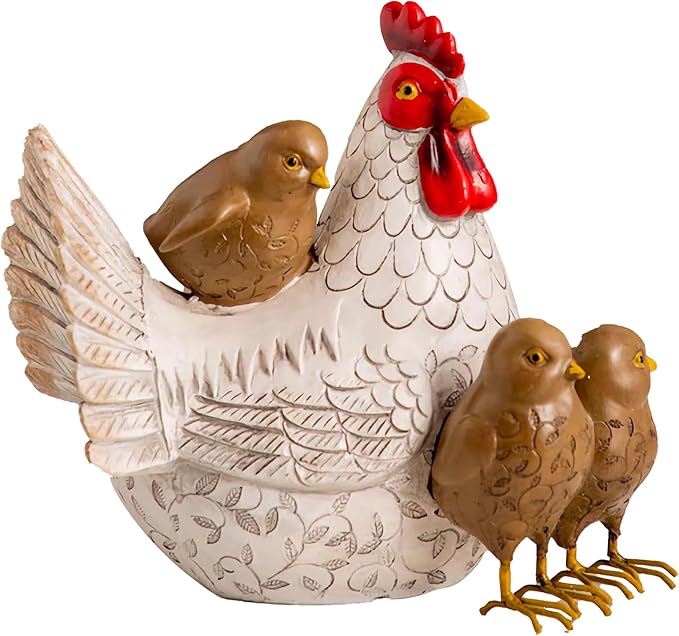 Elenon Sitting Mother Hen and Baby Chick Statue, Resin Farm Animal Decoration, Chicken Sculpture Yard Art Outdoor Lawn Decoration