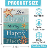 Dyrenson Summer The Beach is My Happy Place Decorative Garden Flag, Blue Coastal Starfish Farmhouse Yard Outside Home Decoration, Coral Pearl Nautical Rustic Outdoor Small Decor Double Sided 12 x 18